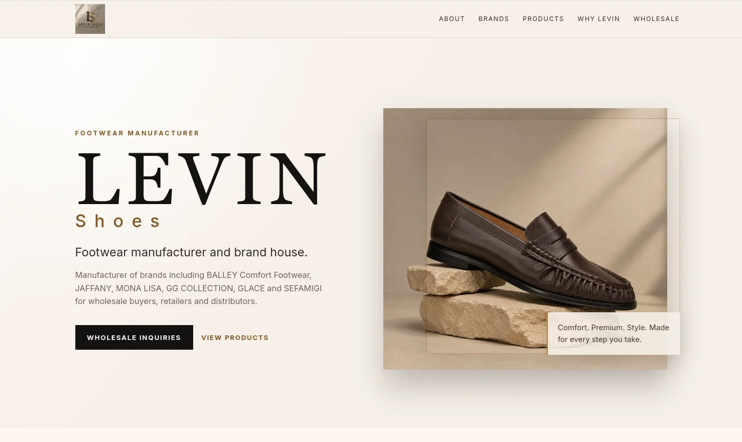 Screenshot of the Levin Shoes website